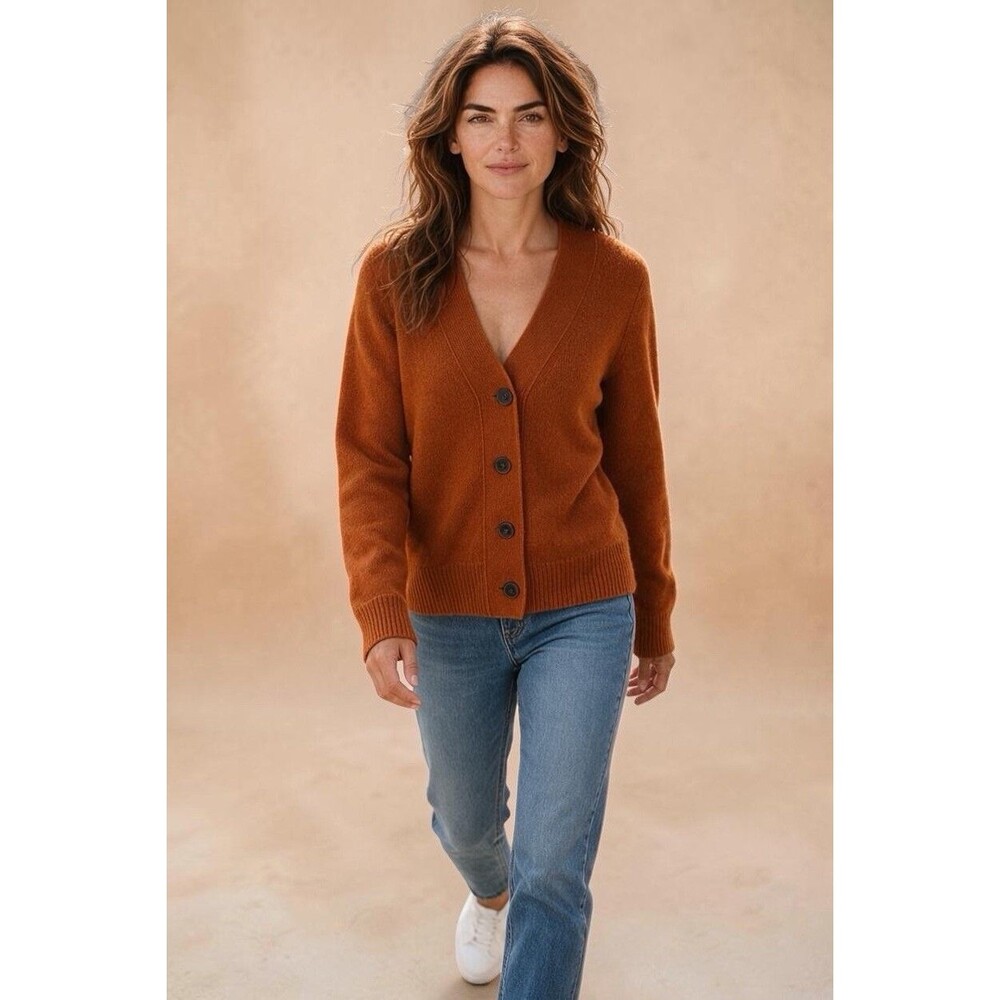 Vince 100% Cashmere Rust Orange V-Neck Button Front Cardigan Sweater Women's Med